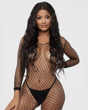 Model wearing Jordyn Full Body Fishnet Stocking